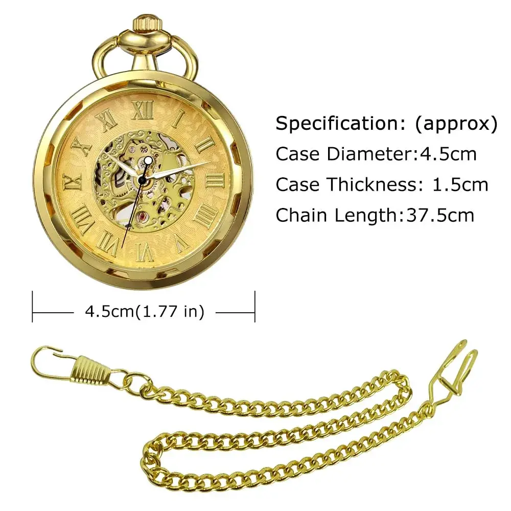 VIGOROSO Vintage Mechanical Pocket Watch with Chain | 4.3 cm (1.75 Inch) Case | Gold & Roman Numeral Dial - view 5
