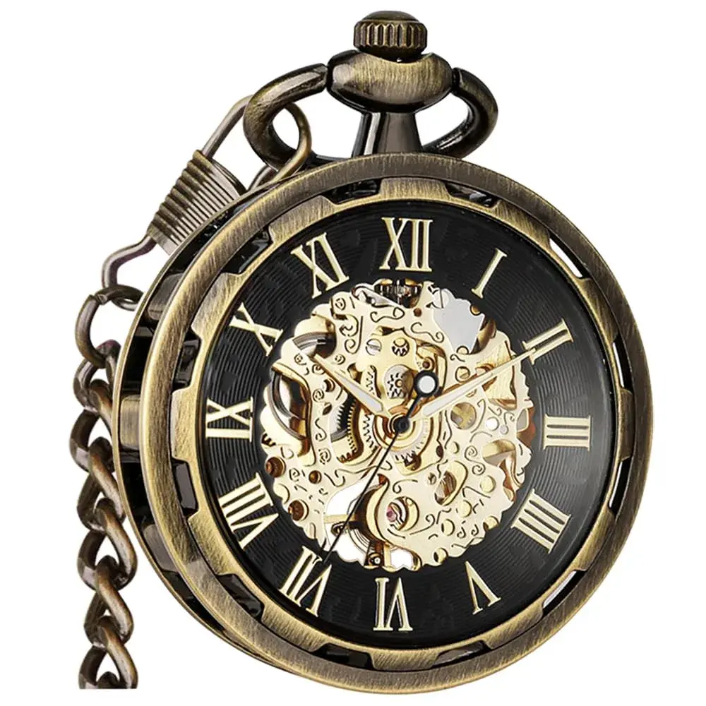 VIGOROSO Bronze & Roman No. Vintage Mechanical Pocket Watch with Chain | 4.3 cm (1.75 Inch) Case - main product image