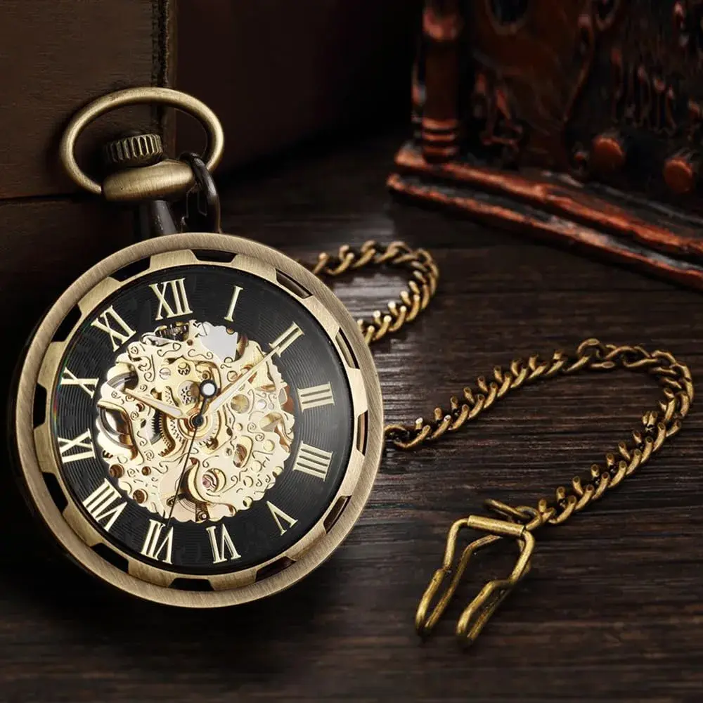 VIGOROSO Bronze & Roman No. Vintage Mechanical Pocket Watch with Chain | 4.3 cm (1.75 Inch) Case - view 2