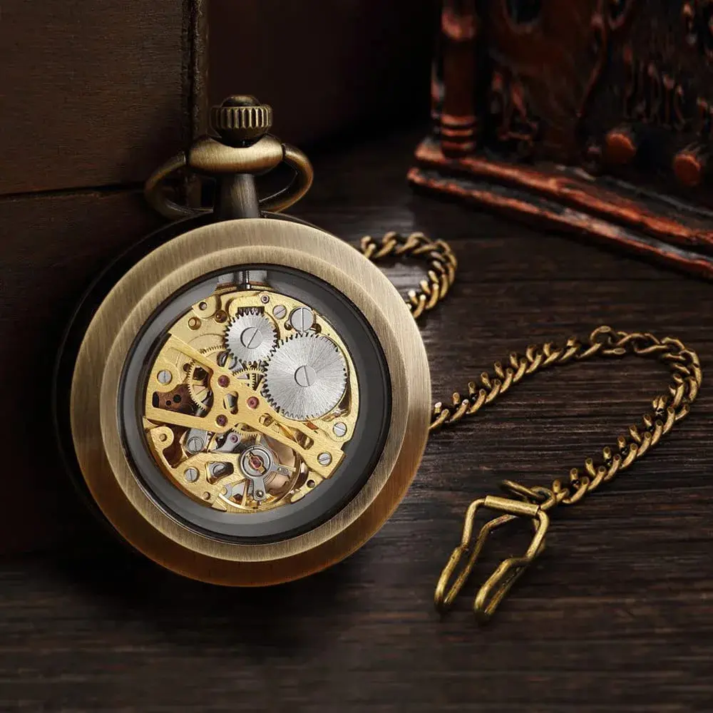 VIGOROSO Bronze & Roman No. Vintage Mechanical Pocket Watch with Chain | 4.3 cm (1.75 Inch) Case - view 3