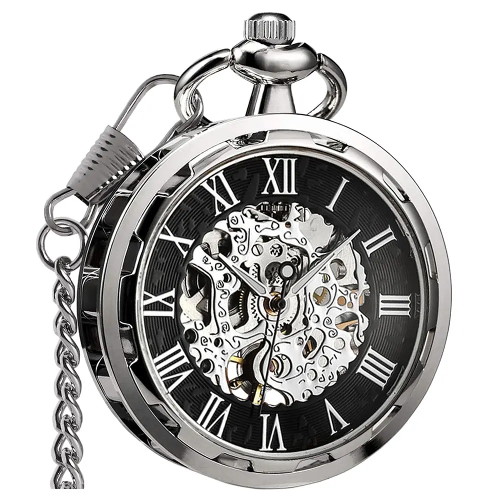 VIGOROSO Vintage Pocket Watch with Chain | Mechanical Skeleton Dial, Roman Numerals, 1.75in Alloy Steel Case, Silver & Roman No. - main product image