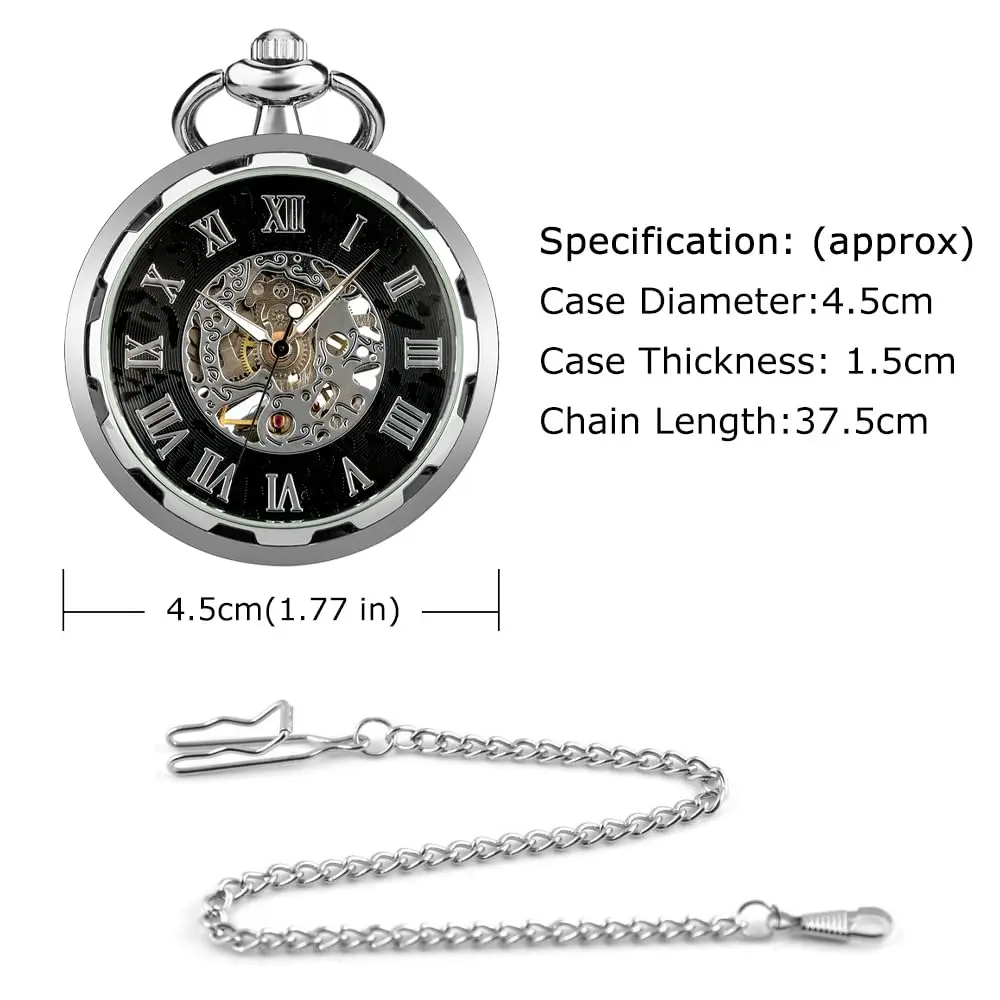 VIGOROSO Vintage Pocket Watch with Chain | Mechanical Skeleton Dial, Roman Numerals, 1.75in Alloy Steel Case, Silver & Roman No. - view 5