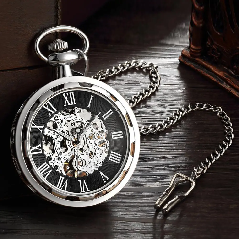 VIGOROSO Vintage Pocket Watch with Chain | Mechanical Skeleton Dial, Roman Numerals, 1.75in Alloy Steel Case, Silver & Roman No. - view 2