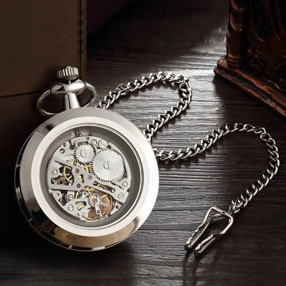VIGOROSO Vintage Pocket Watch with Chain | Mechanical Skeleton Dial, Roman Numerals, 1.75in Alloy Steel Case, Silver & Roman No. - view 3