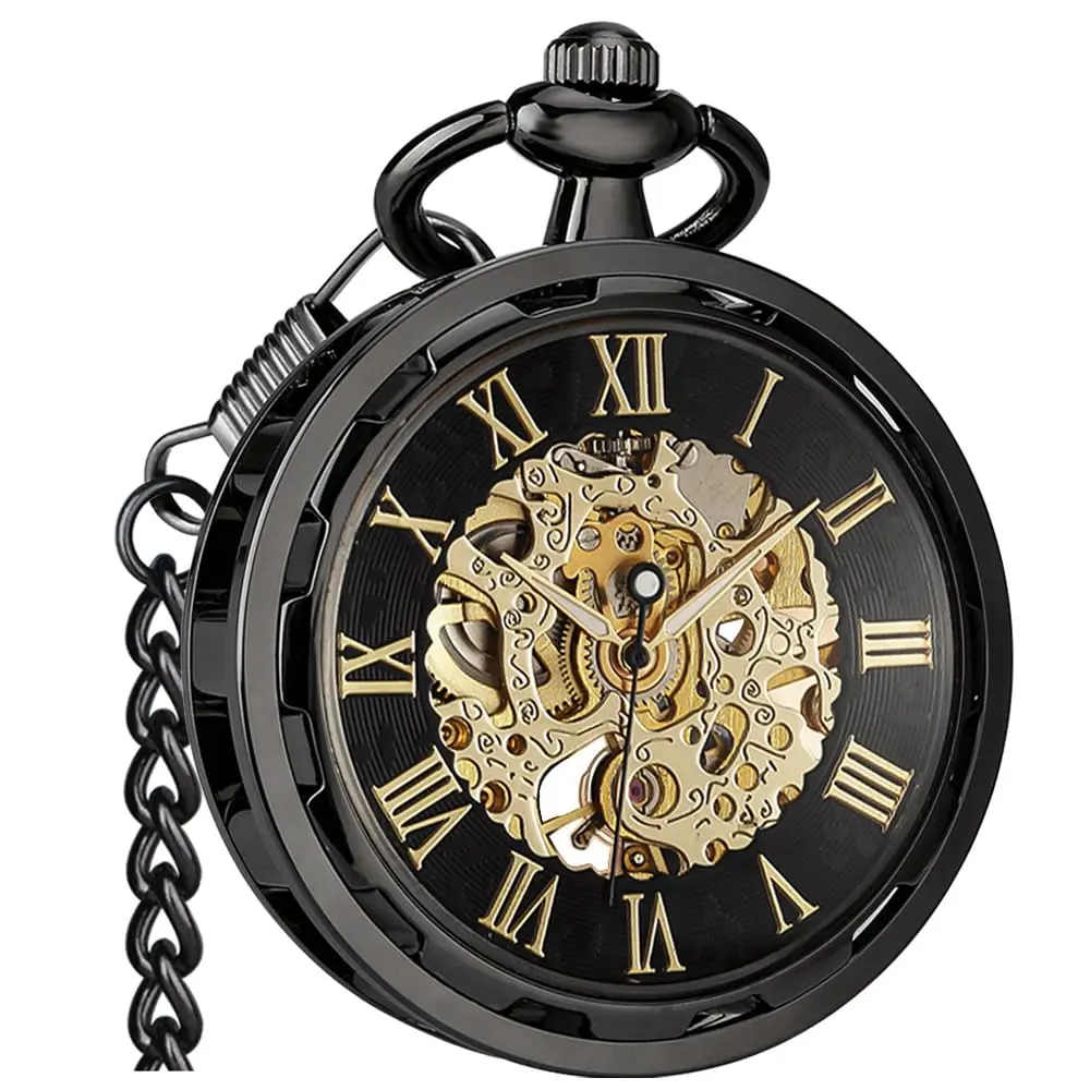 VIGOROSO Vintage Pocket Watch with Chain | Mechanical Skeleton Dial, Roman Numerals, 1.75" Alloy Steel Case, Black & Roman No. - main product image