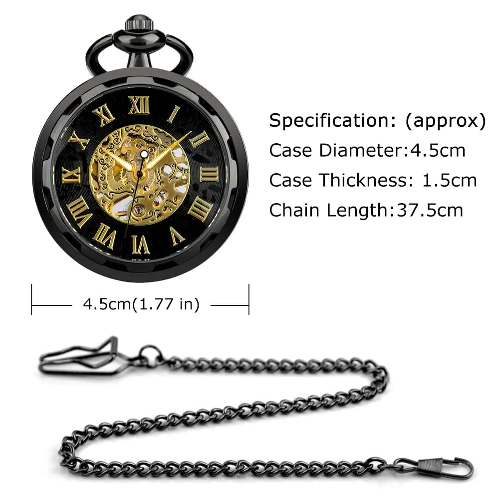 VIGOROSO Vintage Pocket Watch with Chain | Mechanical Skeleton Dial, Roman Numerals, 1.75" Alloy Steel Case, Black & Roman No. - view 5