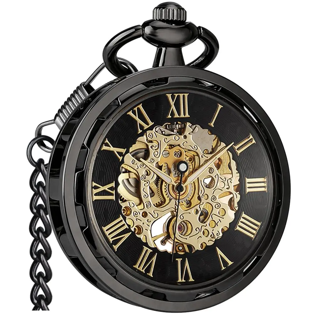 VIGOROSO Vintage Pocket Watch with Chain | Mechanical Skeleton Dial, Roman Numerals, 1.75" Alloy Steel Case, Black & Roman No. - view 6