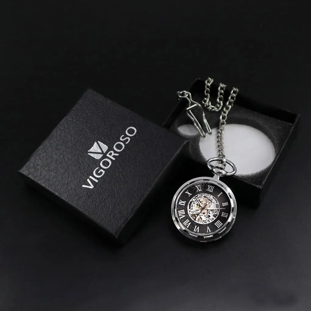 VIGOROSO Vintage Pocket Watch with Chain | Mechanical Skeleton Dial, Roman Numerals, 1.75" Alloy Steel Case, Black & Roman No. - view 7