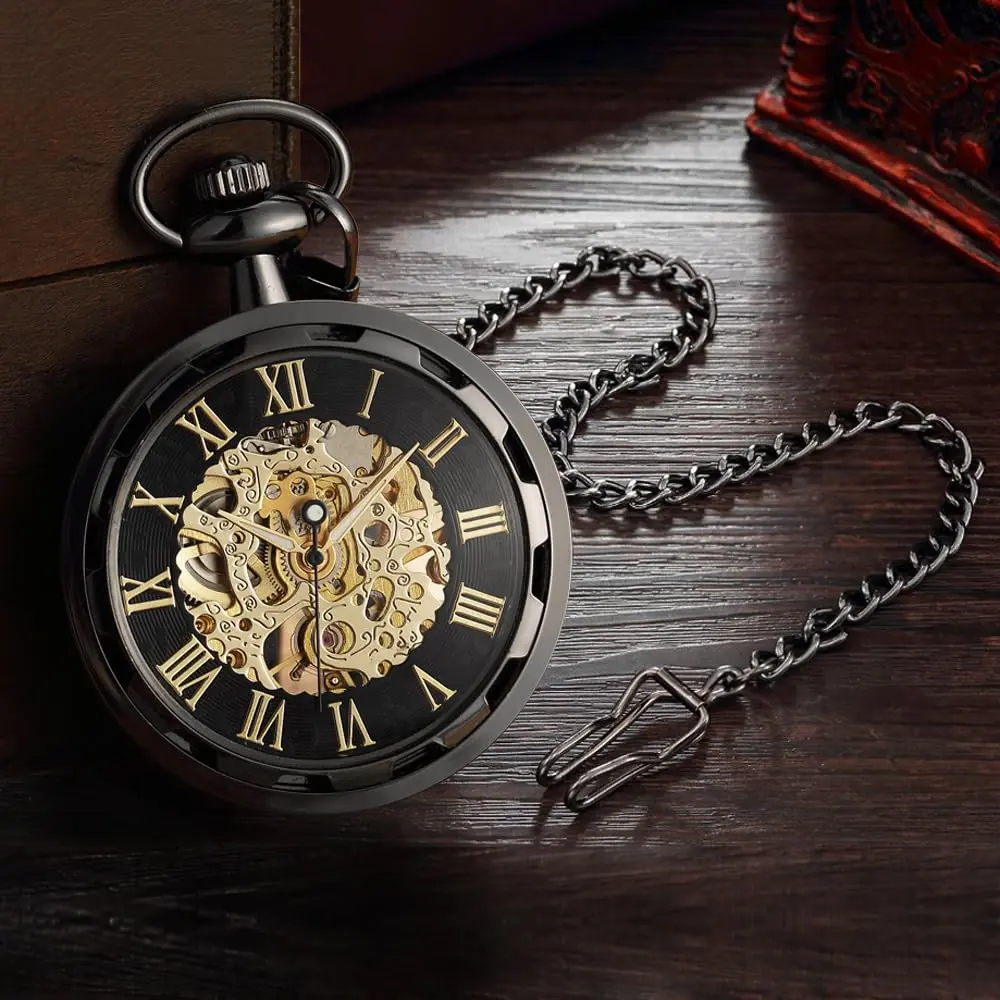 VIGOROSO Vintage Pocket Watch with Chain | Mechanical Skeleton Dial, Roman Numerals, 1.75" Alloy Steel Case, Black & Roman No. - view 2