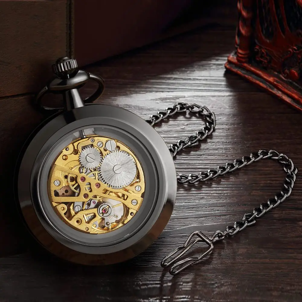 VIGOROSO Vintage Pocket Watch with Chain | Mechanical Skeleton Dial, Roman Numerals, 1.75" Alloy Steel Case, Black & Roman No. - view 3