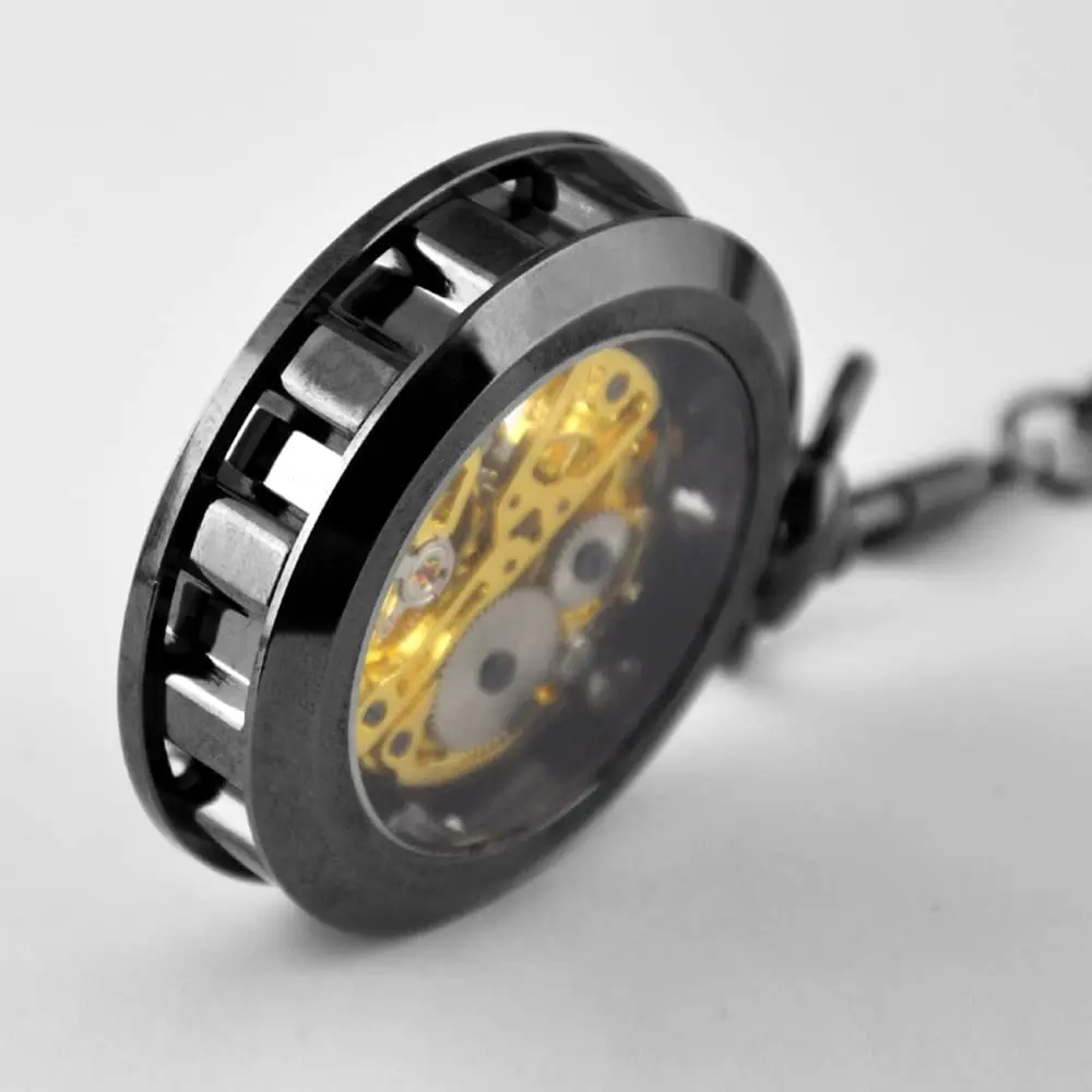 VIGOROSO Vintage Pocket Watch with Chain | Mechanical Skeleton Dial, Roman Numerals, 1.75" Alloy Steel Case, Black & Roman No. - view 4