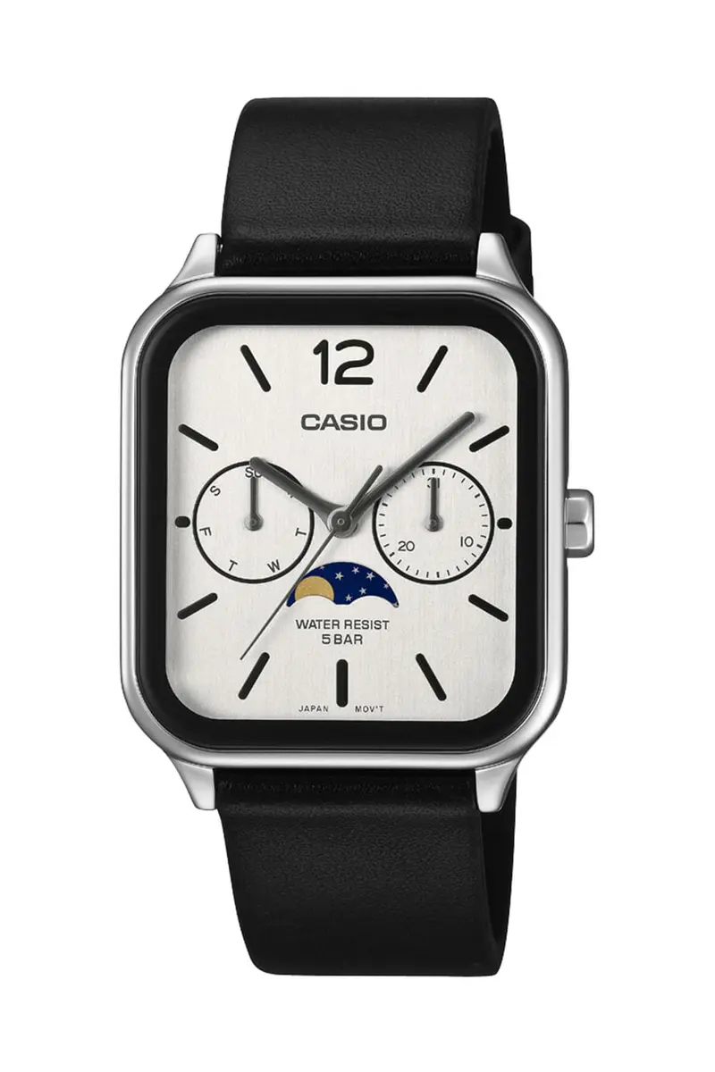 Casio Collection MTP-M305 Moon Phase Watch, Black & White | Classic Analog with Moon Data - main product image