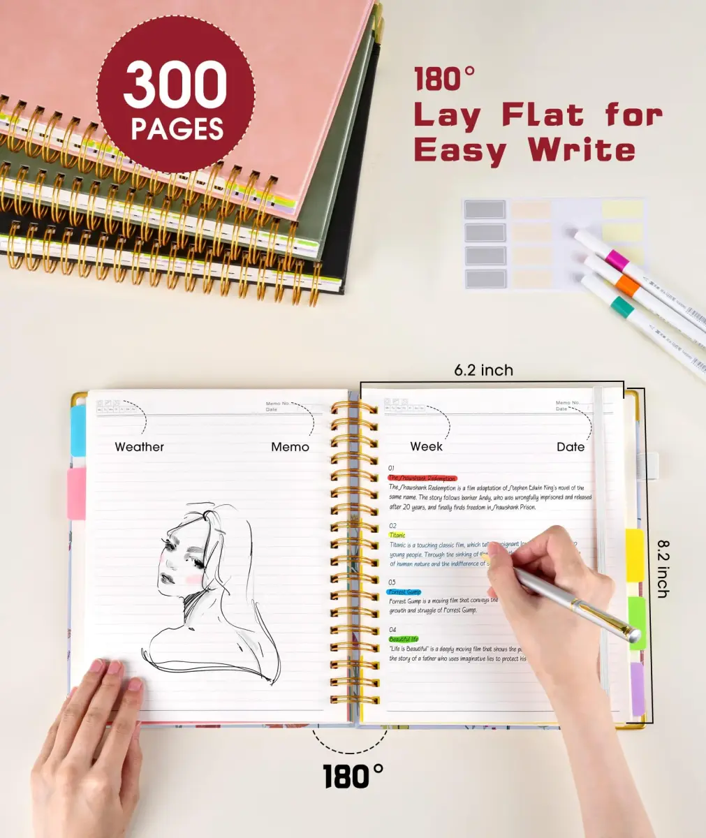 dilitego Hardcover Spiral Notebook A5 Flower White | College Ruled 300 Pages with Removable Dividers - view 2
