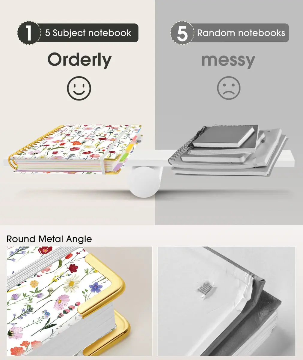 dilitego Hardcover Spiral Notebook A5 Flower White | College Ruled 300 Pages with Removable Dividers - view 5
