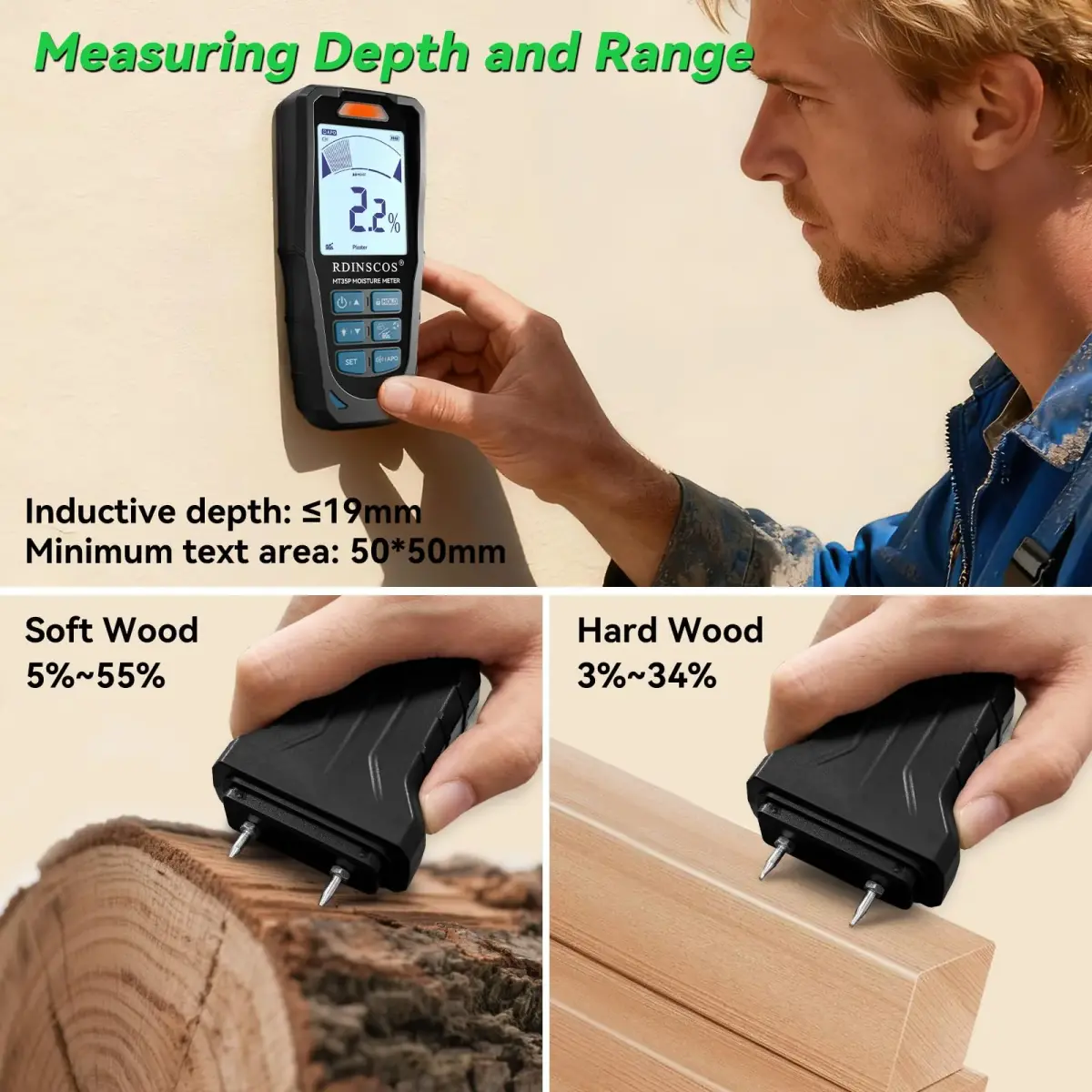 RDINSCOS Pinless & Pin-Type Moisture Meter for Wood, Drywall & Concrete | Digital LCD Moisture Reader with Audible Alarm - view 5
