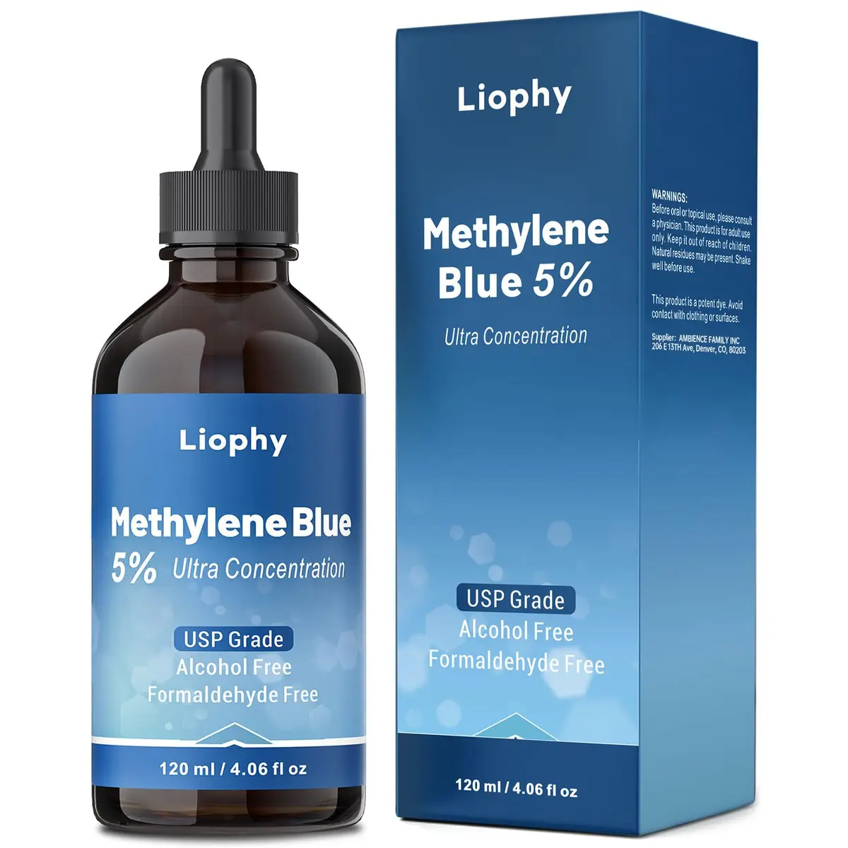 Liophy Methylene Blue Pharmaceutical Grade 5% Drops 120 mL (4.06 Fl Oz) | High Purity 99.99% for Humans - main product image