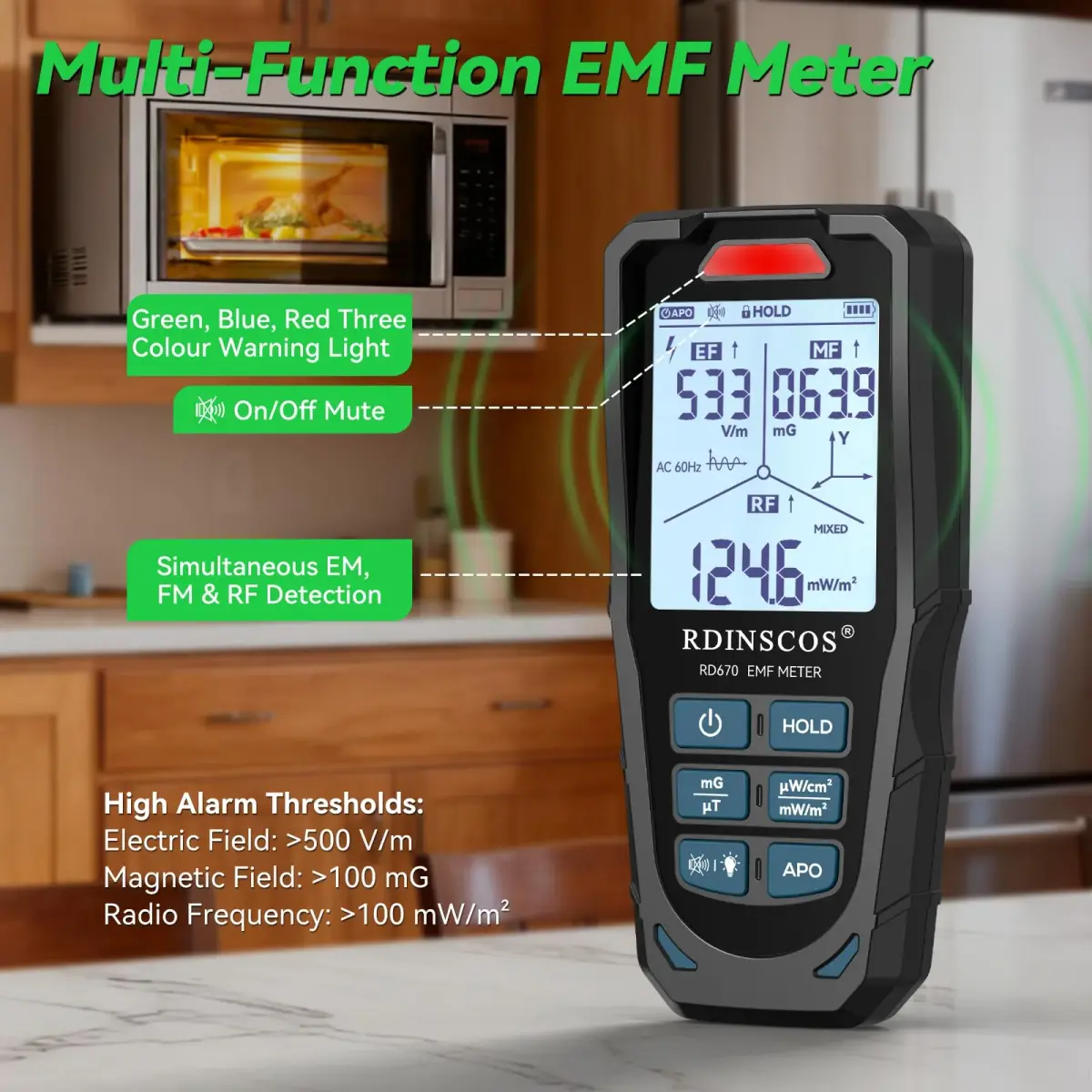 RDINSCOS 3-in-1 EMF Detector Rechargeable EMF Meter with 10GHz RF Detection | Measures Electric, Magnetic, RF Fields - view 7