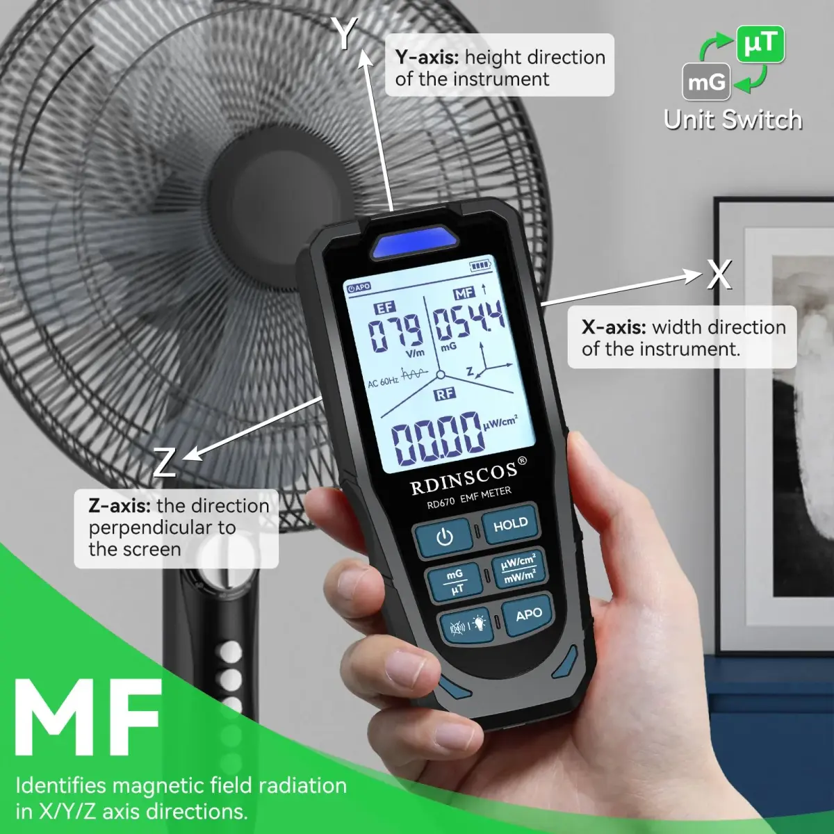RDINSCOS 3-in-1 EMF Detector Rechargeable EMF Meter with 10GHz RF Detection | Measures Electric, Magnetic, RF Fields - view 4