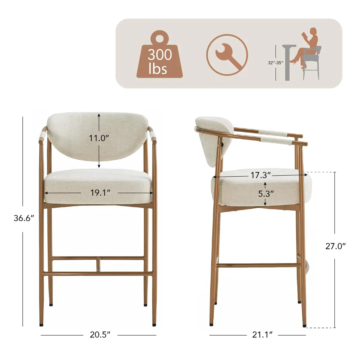 CHITA 27" Counter Height Fabric Linen Bar Stools | Modern Handcrafted Design Support - view 2