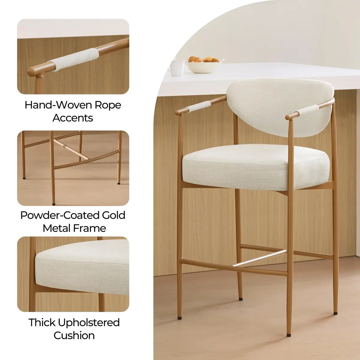 CHITA 27" Counter Height Fabric Linen Bar Stools | Modern Handcrafted Design Support - view 4