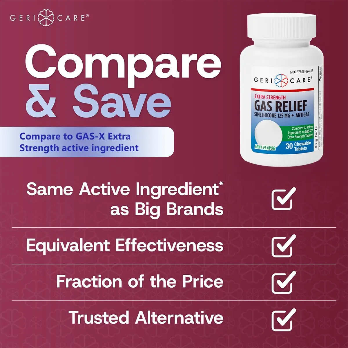 GeriCare Chewable Extra Strength Gas Relief Simethicone 125mg | Fast-Acting Digestive Gas Bloating Relief (70-120 chars) - view 2