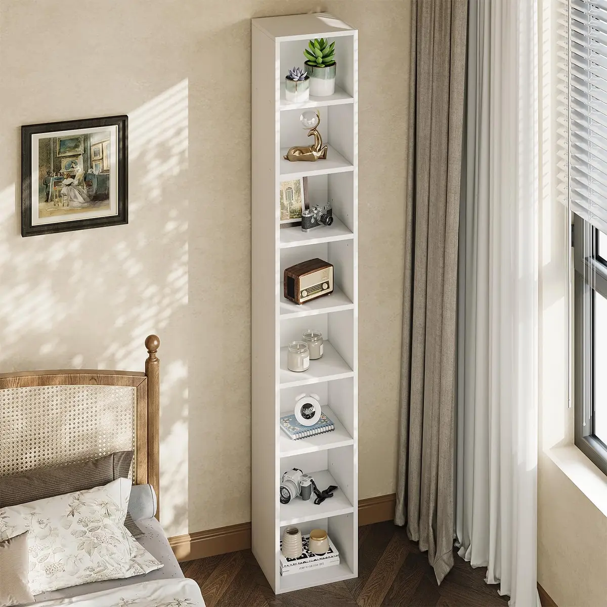OneBlis 8-Tier Narrow Bookshelf 71.5" Tall White | Modern Wooden Book Shelf with Storage - main product image