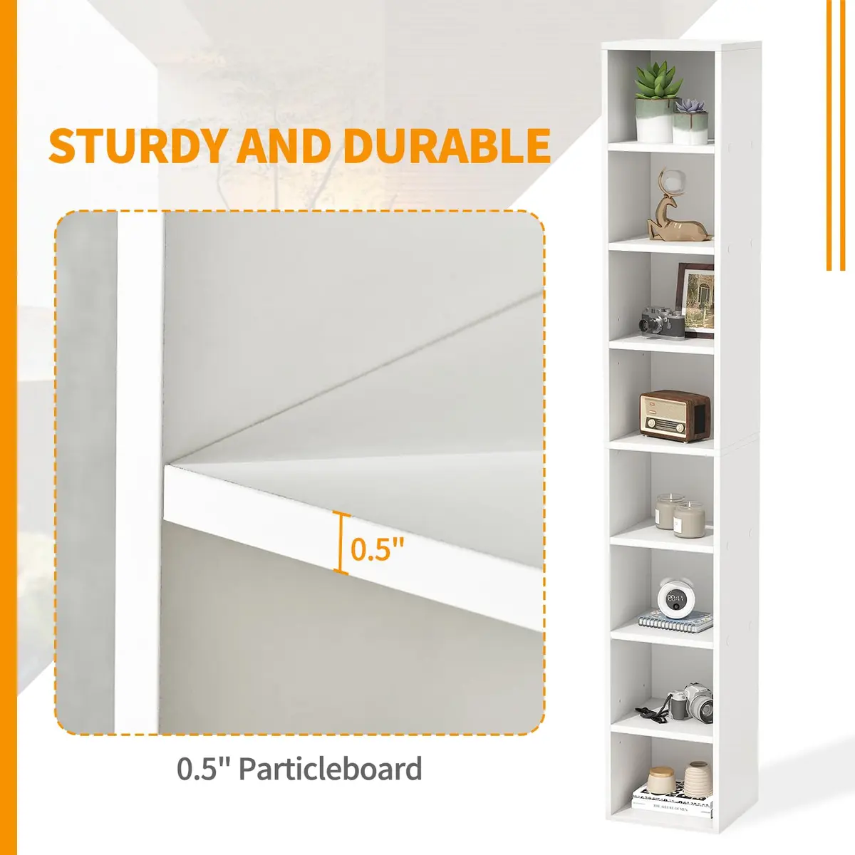 OneBlis 8-Tier Narrow Bookshelf 71.5" Tall White | Modern Wooden Book Shelf with Storage - view 5