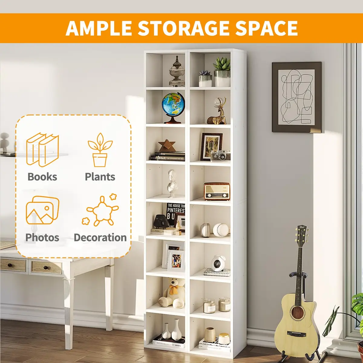 OneBlis 8-Tier Narrow Bookshelf 71.5" Tall White | Modern Wooden Book Shelf with Storage - view 6