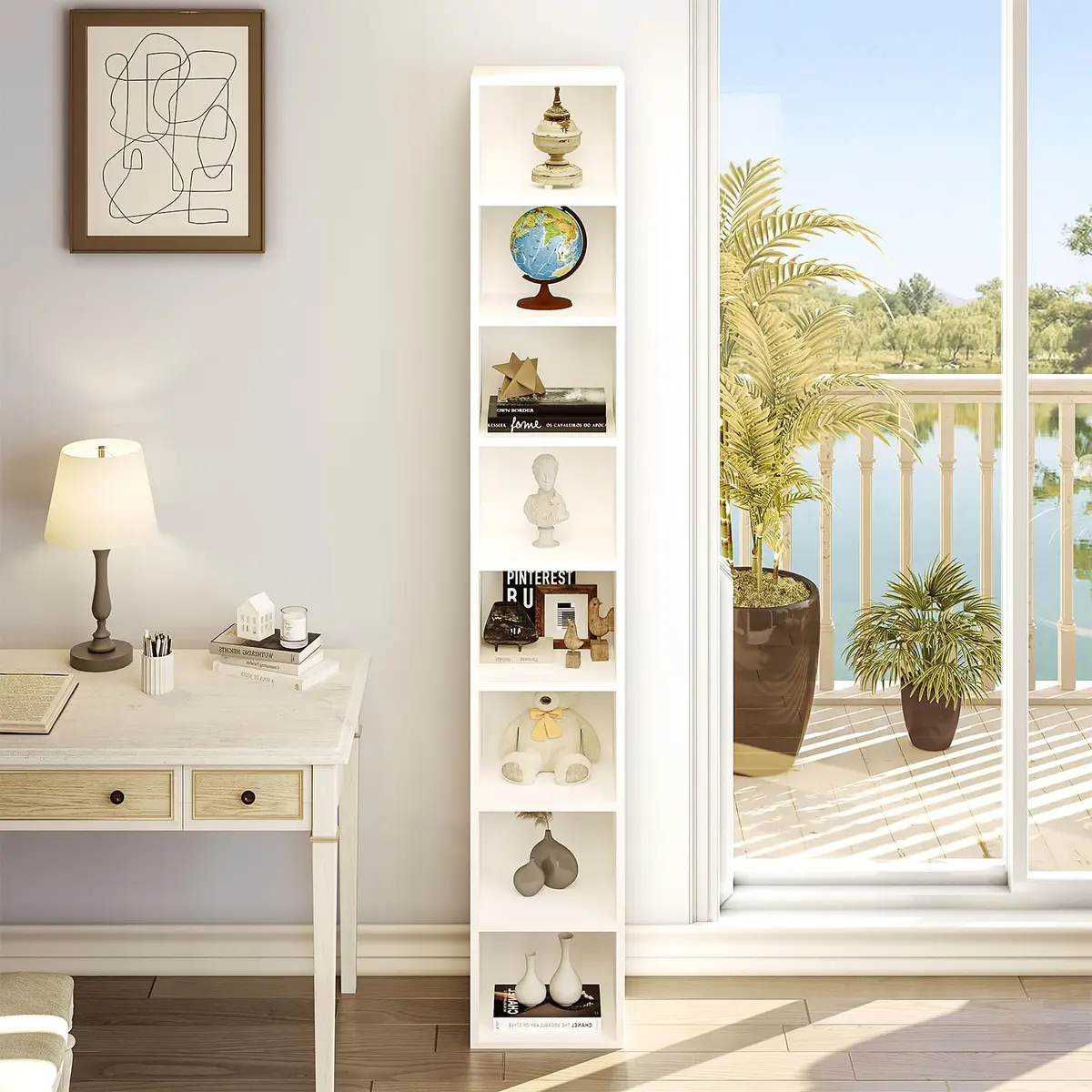 OneBlis 8-Tier Narrow Bookshelf 71.5" Tall White | Modern Wooden Book Shelf with Storage - view 7