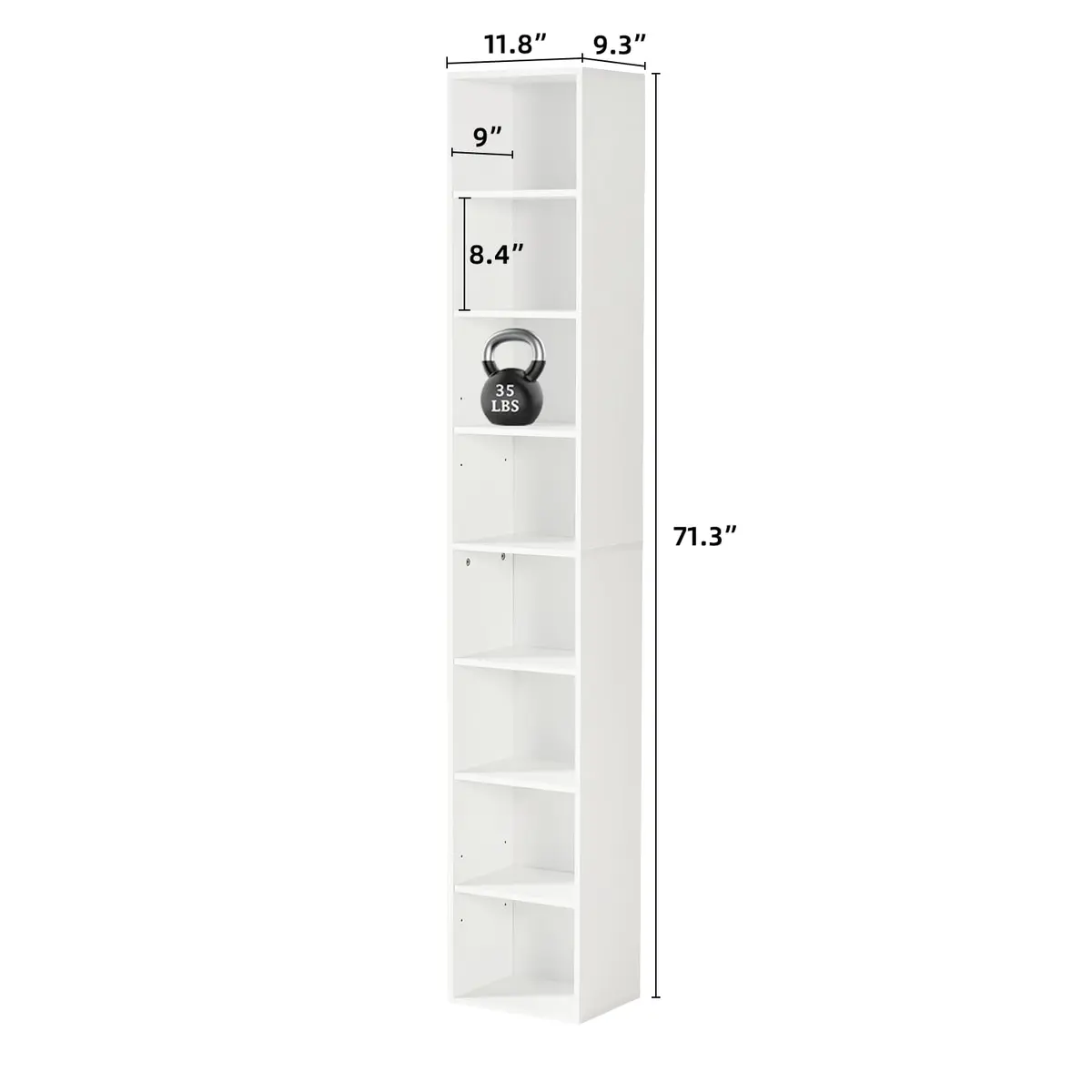 OneBlis 8-Tier Narrow Bookshelf 71.5" Tall White | Modern Wooden Book Shelf with Storage - view 2