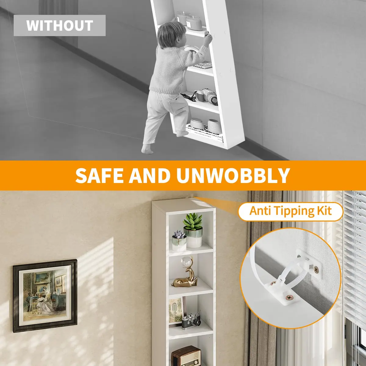 OneBlis 8-Tier Narrow Bookshelf 71.5" Tall White | Modern Wooden Book Shelf with Storage - view 4
