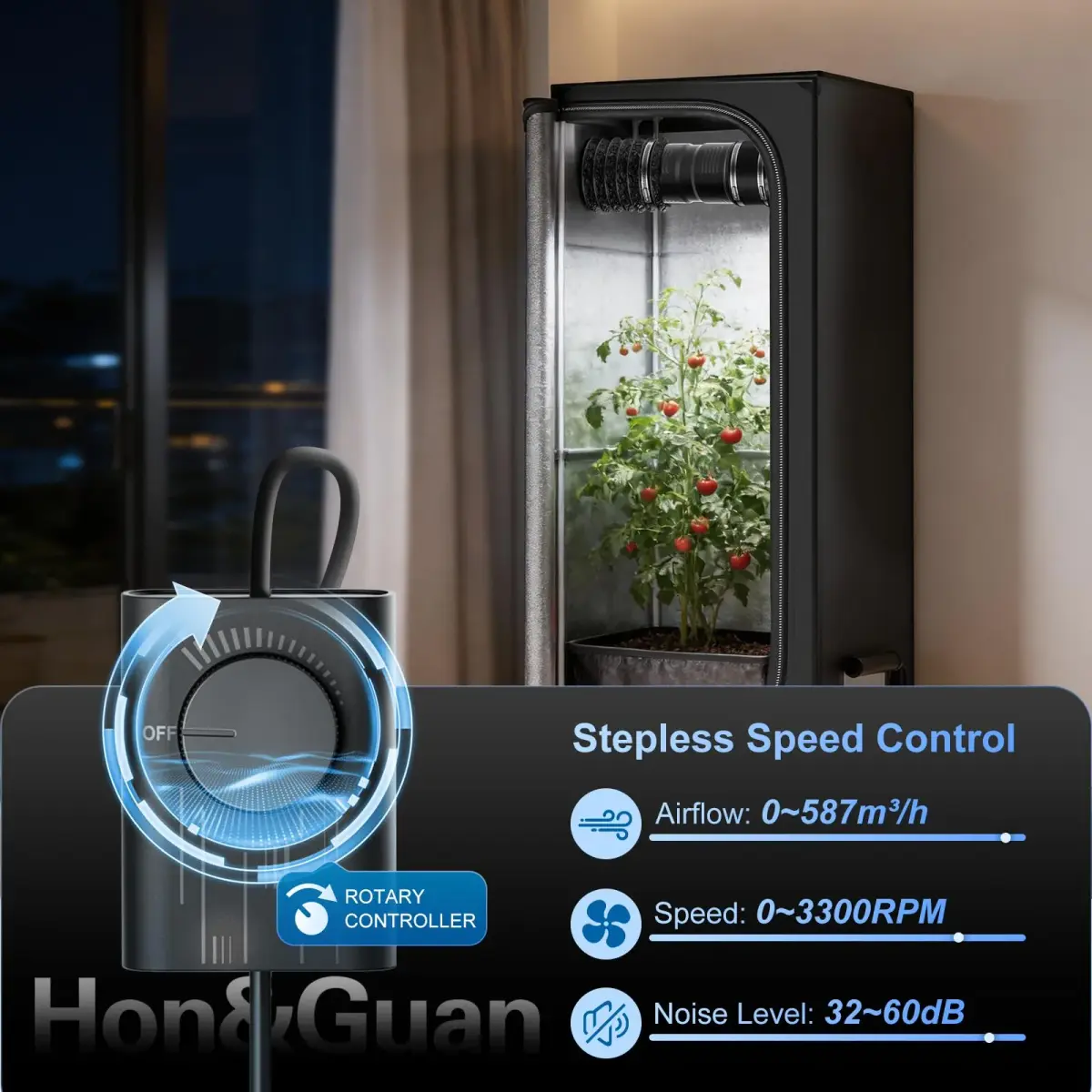 Hon&Guan 6 Inch Inline Duct Fan with Stepless Speed Controller, 345 CFM, 19.2W | 15.2 cm (6 Inch) Duct Diameter - view 4