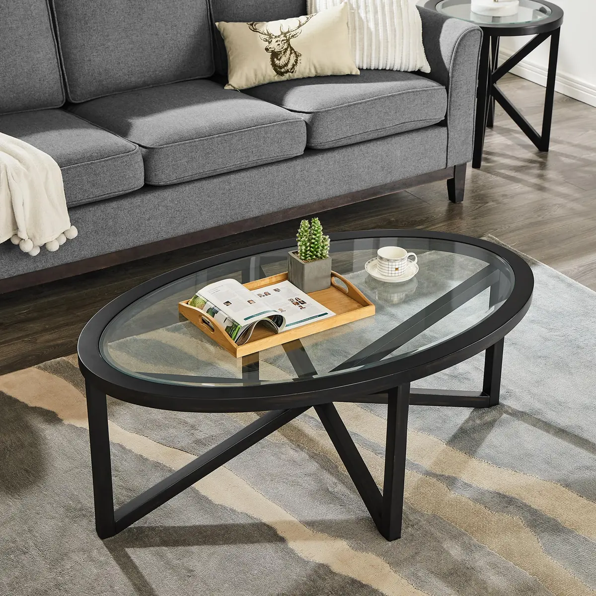 BAYYELL 46 inch Round Coffee Table Tempered Glass Solid Wood Base | Modern Living Room Centerpiece - main product image