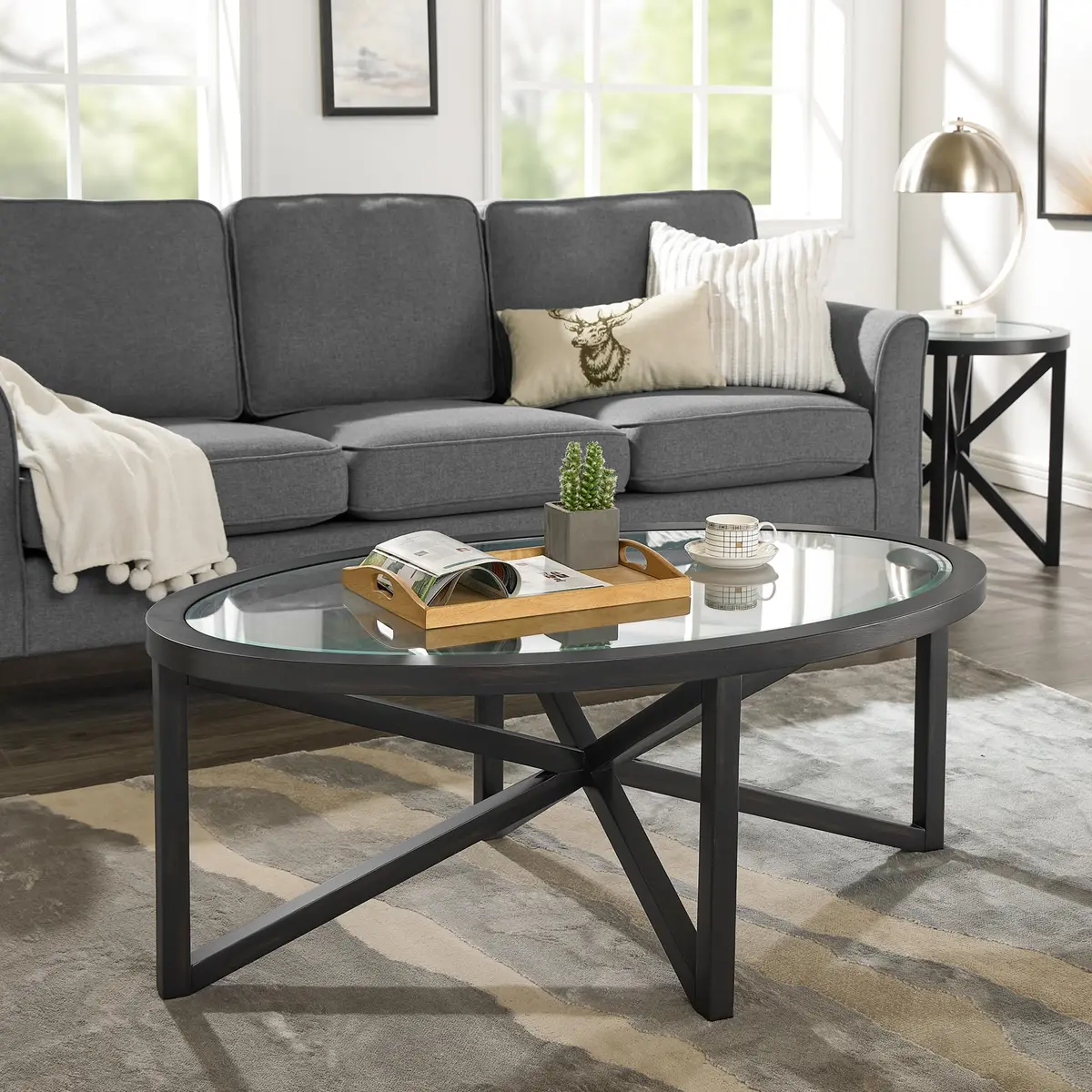 BAYYELL 46 inch Round Coffee Table Tempered Glass Solid Wood Base | Modern Living Room Centerpiece - view 3