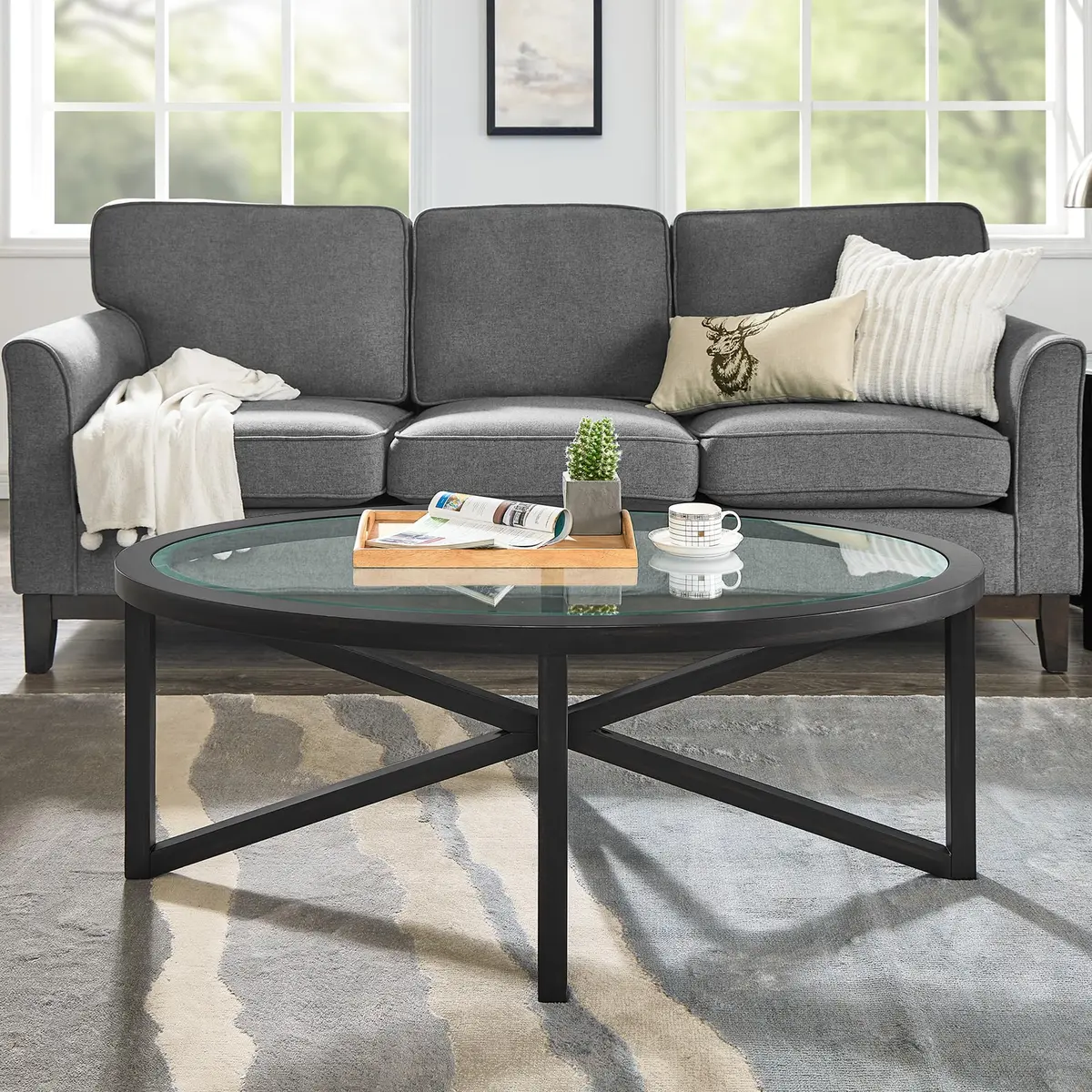 BAYYELL 46 inch Round Coffee Table Tempered Glass Solid Wood Base | Modern Living Room Centerpiece - view 4