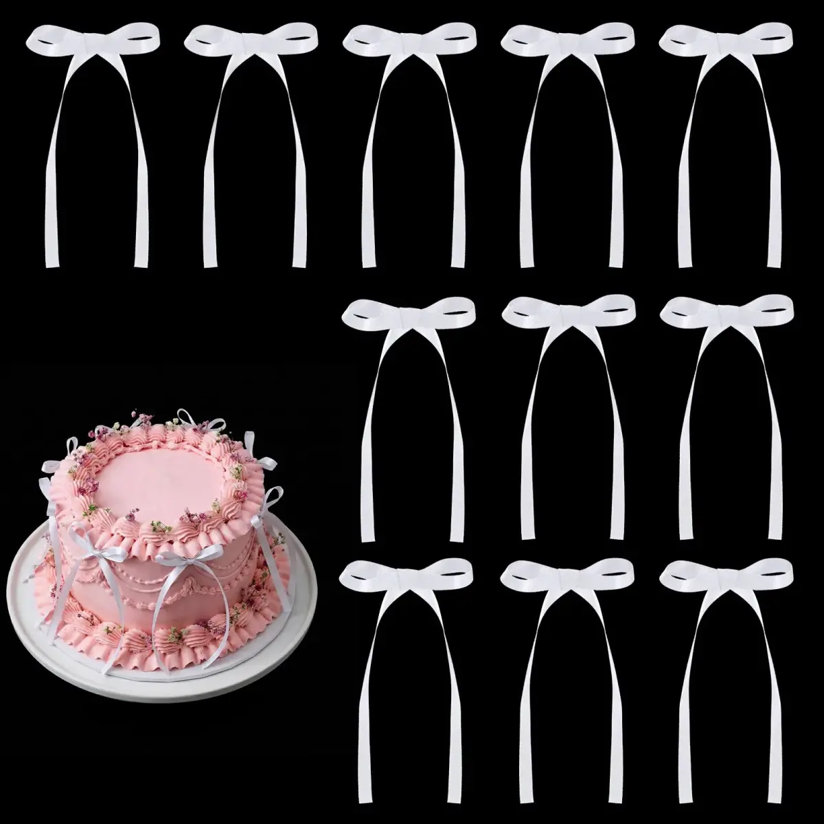 NatNarr White Bow Cake Toppers 30 Pack | Handmade Polyester Ribbon for Parties - main product image