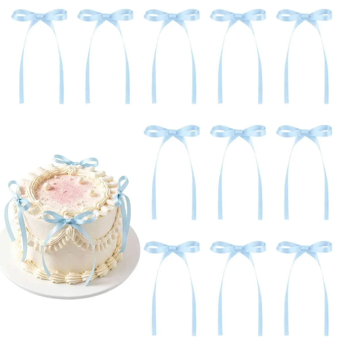 NatNarr Light Blue Bow Cake Toppers 30 Pack | Handmade Polyester Ribbons for Parties - main product image