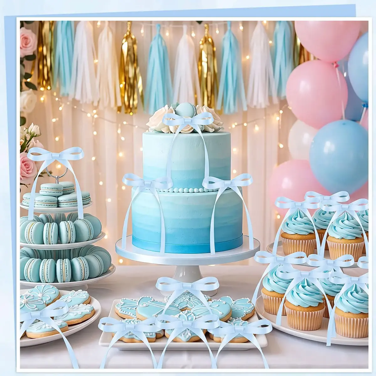 NatNarr Light Blue Bow Cake Toppers 30 Pack | Handmade Polyester Ribbons for Parties - view 4