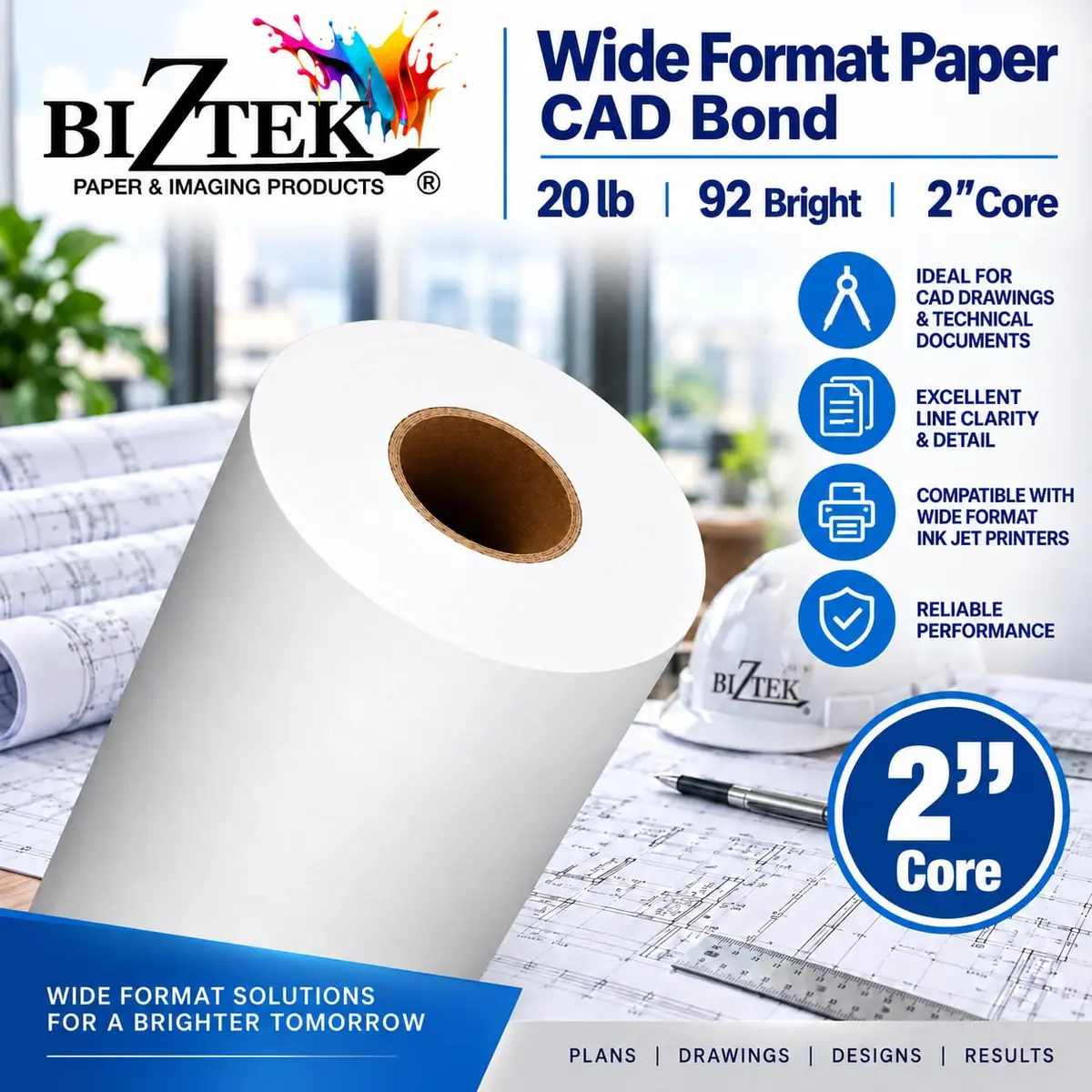 BIZTEK Wide Format Paper CAD Bond Rolls 36 inches x 300 ft | Vivid, Long-Lasting Prints - view 3