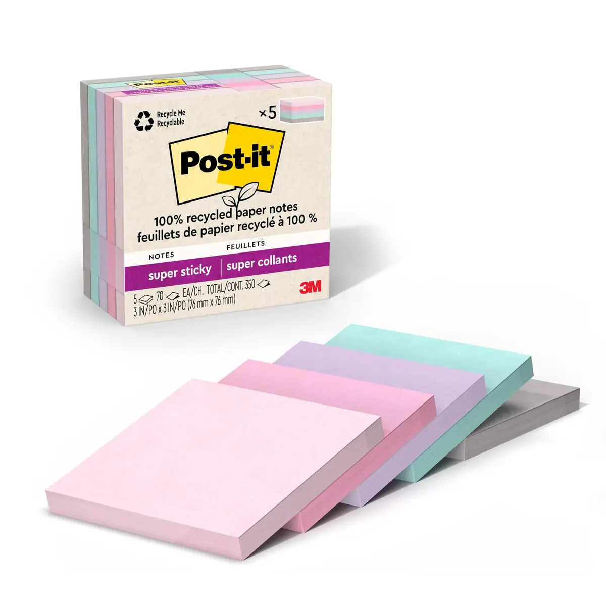 Post-it Super Sticky Notes Wanderlust Pastels Collection 3x3 in, 70 Sheets/Pad, 24 Pads | 2X Sticking Power, Recycled Paper - main product image