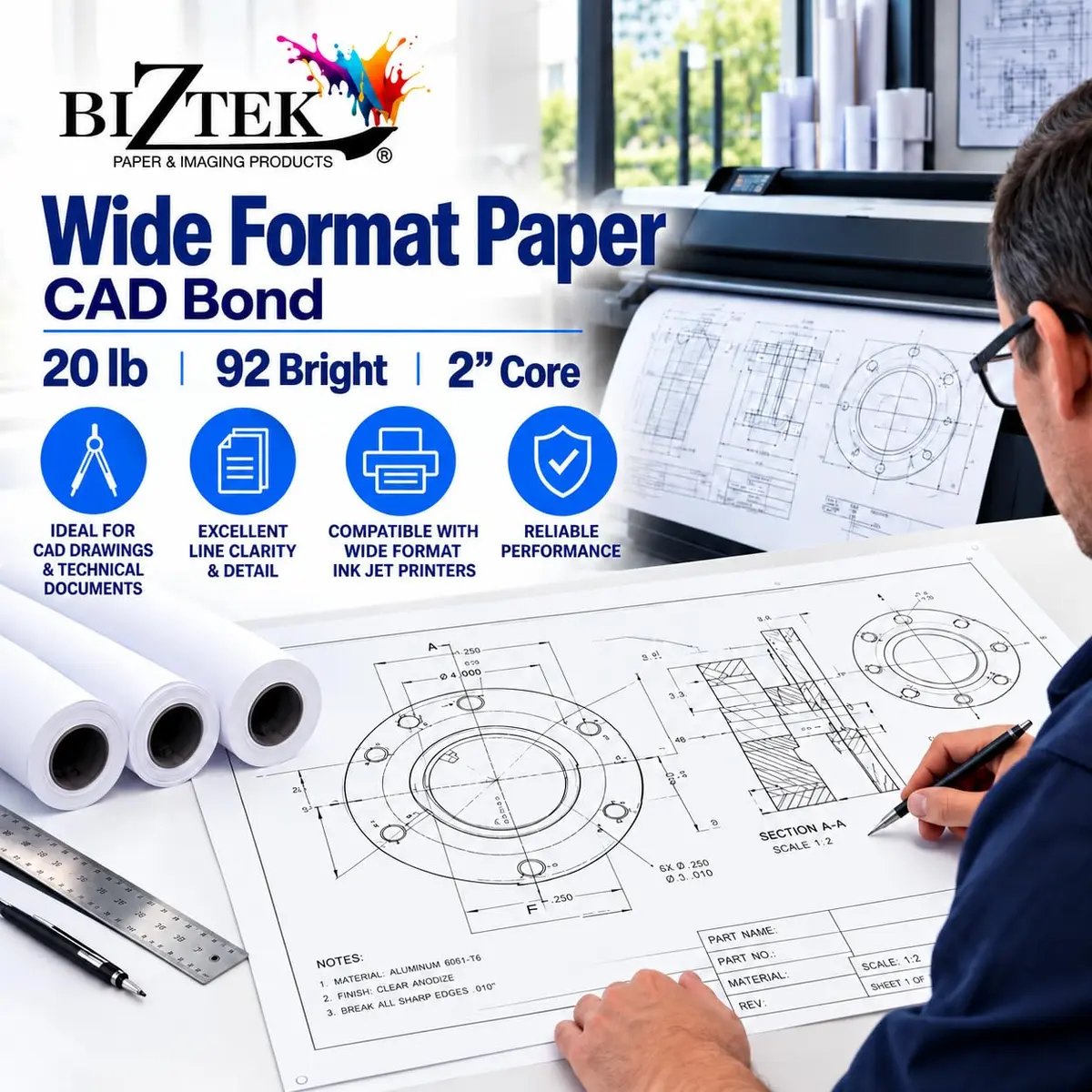 BIZTEK Wide Format Paper Rolls CAD Bond 30" | Crisp, Vivid Images, 20 lb, 4 Rolls - view 2