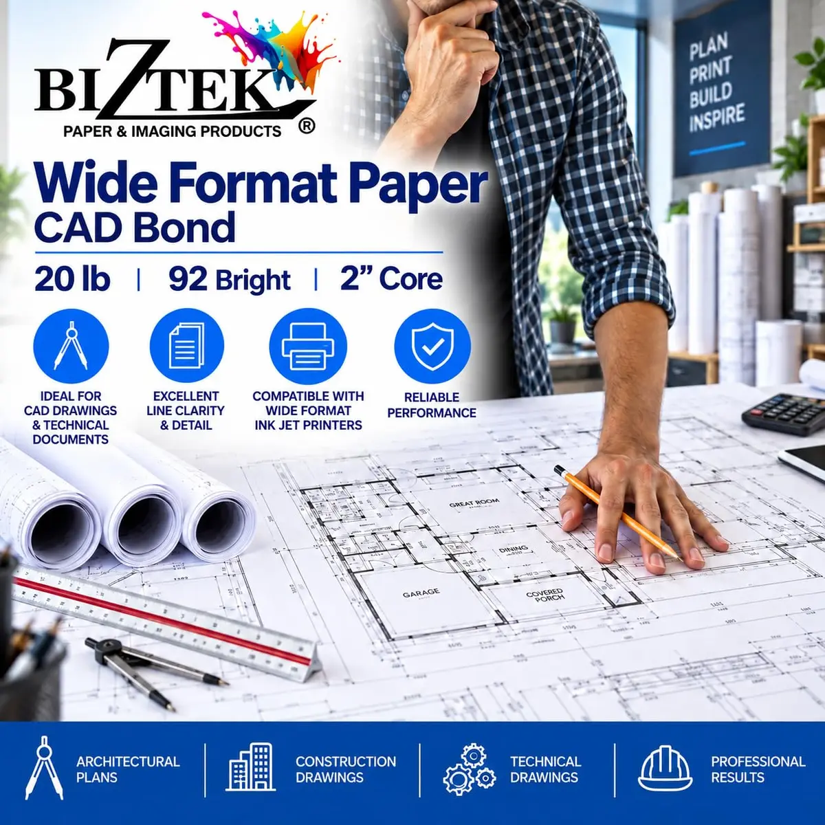 BIZTEK Wide Format Paper Rolls CAD Bond 30" | Crisp, Vivid Images, 20 lb, 4 Rolls - view 4