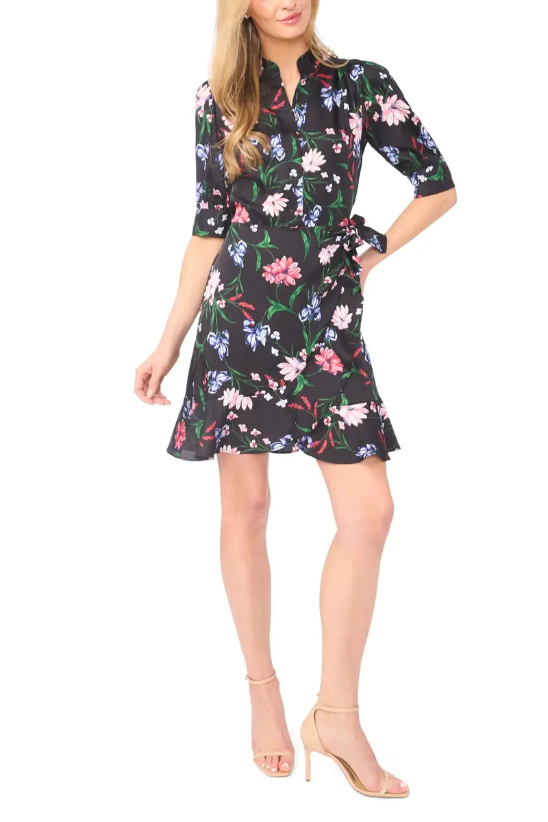 CeCe Ruffle WRAP Hidden Placket Dress Rich Black | Feminine, Flattering Fit, Spring/Summer - main product image