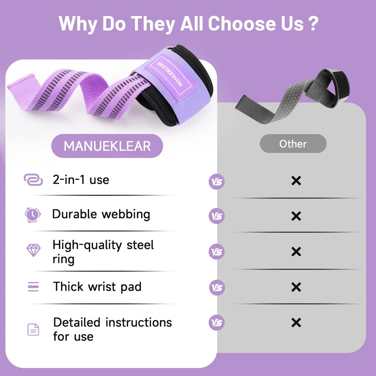 M MANUEKLEAR Purple Lifting Straps with D-Rings for Weightlifting & Gym Workouts, Medium (15.5-19cm Wrist) | Secure Grip for Pull-ups, Deadlifts, Rows - view 8