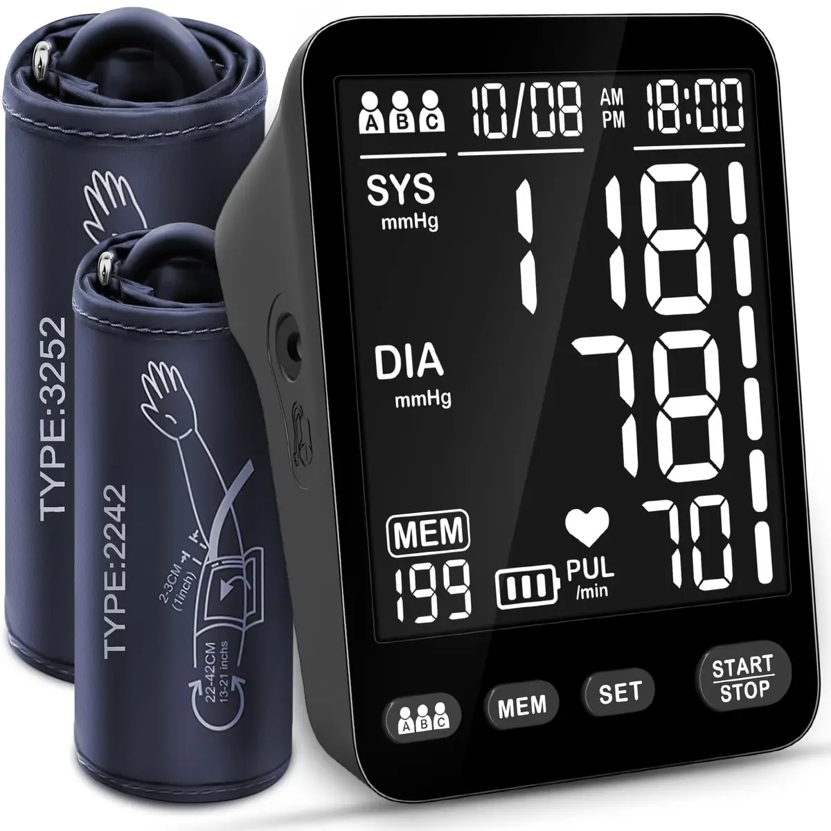 YONLO Automatic Upper Arm Blood Pressure Monitor | 3 Users, 199 Readings, Dual Cuffs (9-17" & 13-21") - main product image