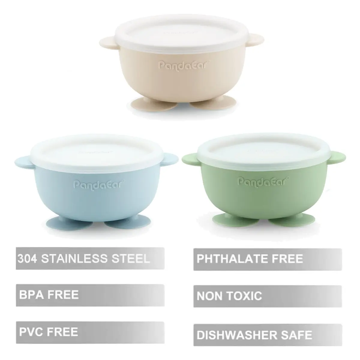 PandaEar Stainless Steel Baby Suction Bowls | Non-Slip, Unbreakable, Mess-Free (Blue Green Beige, With Lids) - view 3