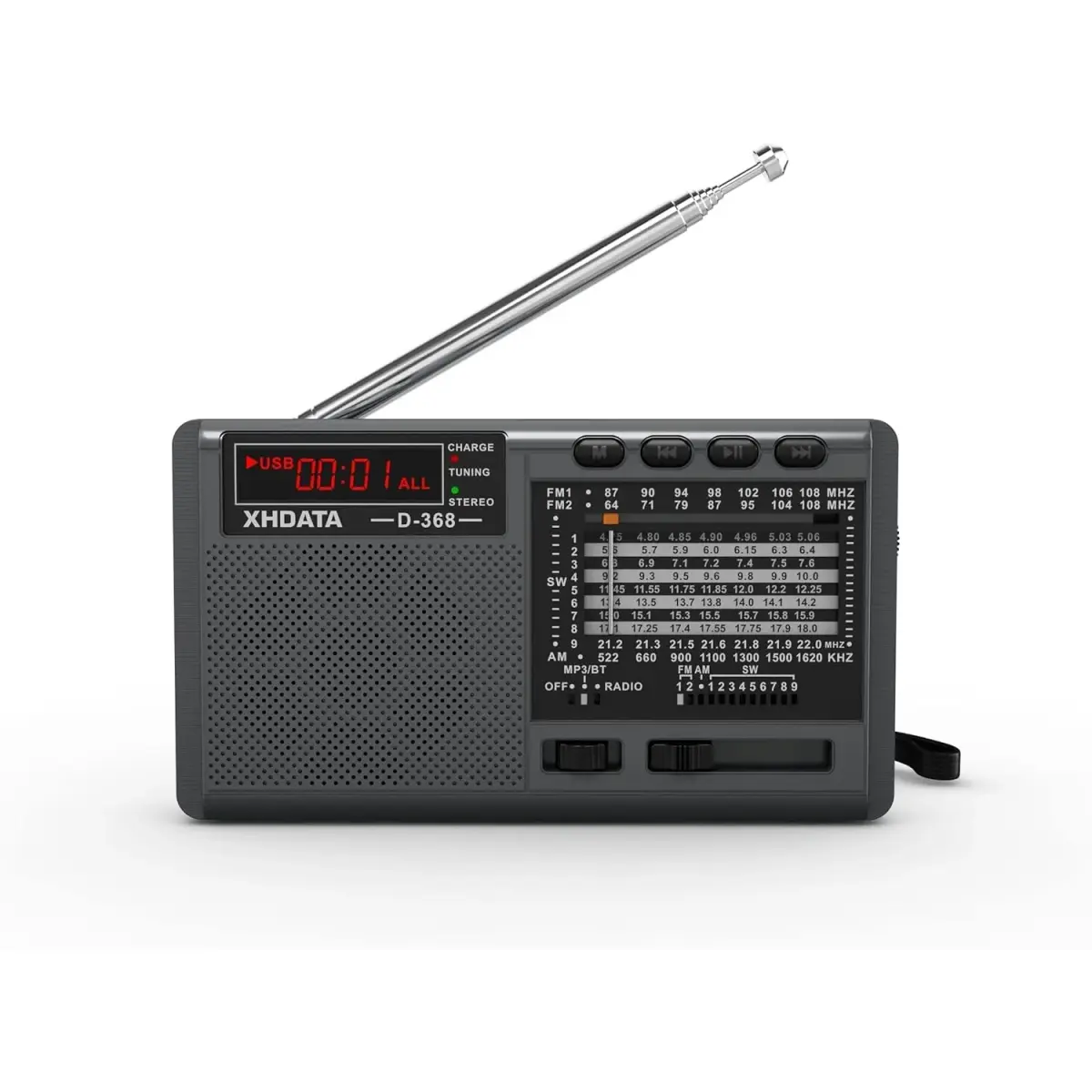 XHDATA D368 Portable AM FM Shortwave Radio with DSP Chip, 2000mAh Battery, Dark Grey | Global Broadcast Receiver - main product image