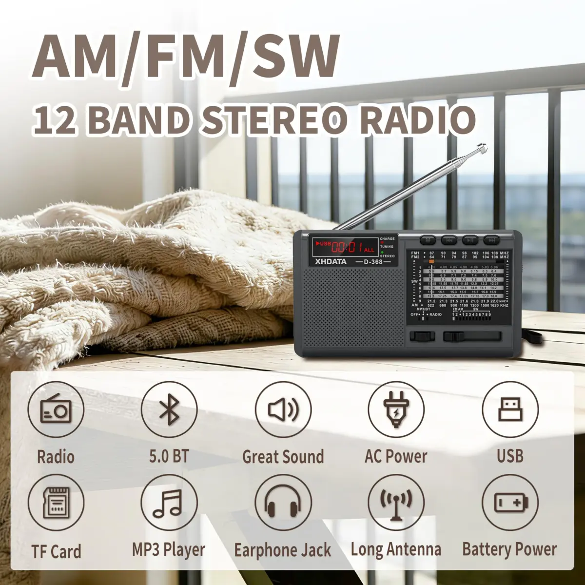 XHDATA D368 Portable AM FM Shortwave Radio with DSP Chip, 2000mAh Battery, Dark Grey | Global Broadcast Receiver - view 2