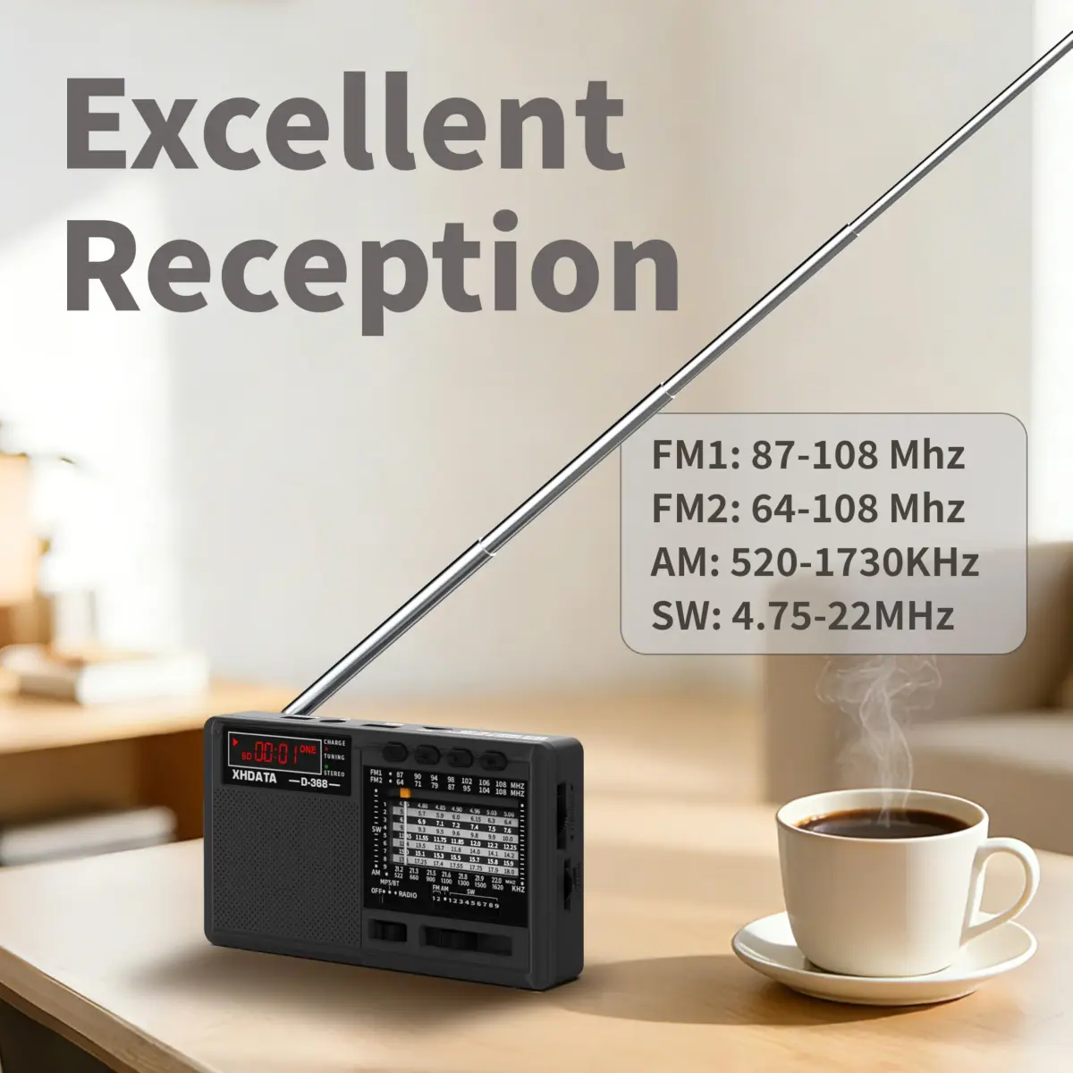 XHDATA D368 Portable AM FM Shortwave Radio with DSP Chip, 2000mAh Battery, Dark Grey | Global Broadcast Receiver - view 3