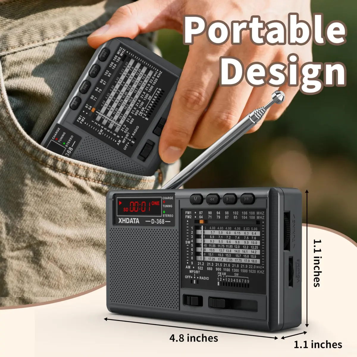 XHDATA D368 Portable AM FM Shortwave Radio with DSP Chip, 2000mAh Battery, Dark Grey | Global Broadcast Receiver - view 4